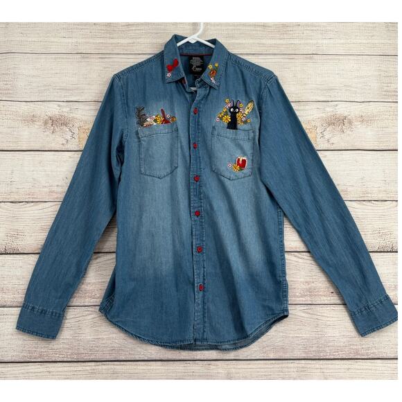 Studio Ghibli Kiki's Delivery Service Embroidered Denim Shirt Womens XS Blue - Picture 1 of 12